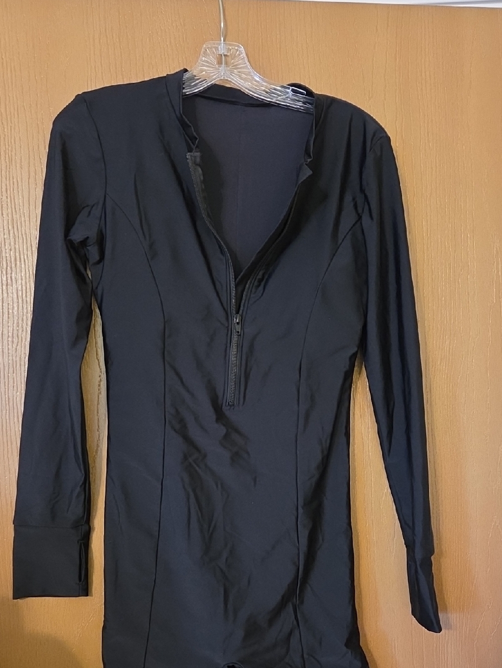 Long Sleeve Black One-Piece Swimsuit NWT with Front Zip, Size Lg.